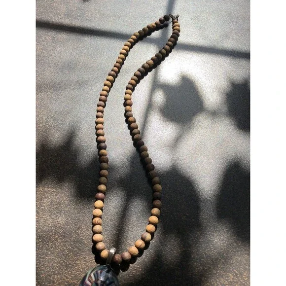 Handblown Glass Pendant On 20” Wooden Bead Necklace Boho Style Artisan Made 2008 - Picture 8 of 16